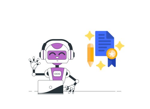 A cartoon of a robot typing at a computer and smiling with a diploma on the wall behind.